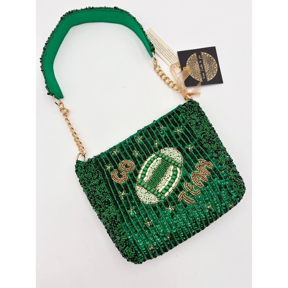 Emerald‎ Green Beaded Football Go Team Purse Shoulder Bag Clutch